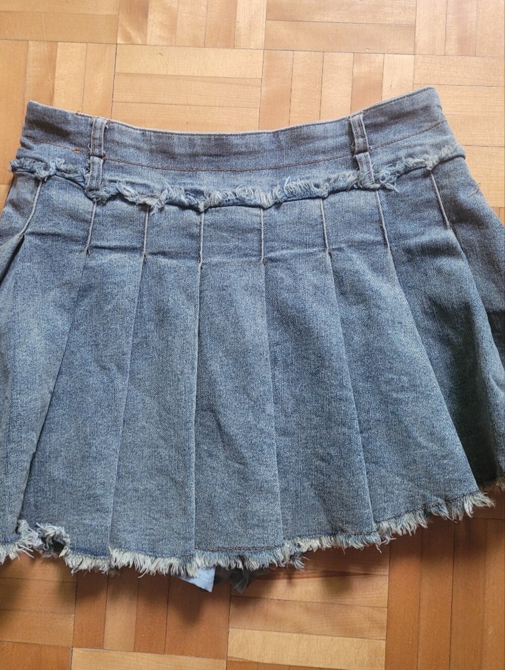 Aelfric Eden Light Blue Pleated Denim Mini Skirt with Frayed Trim